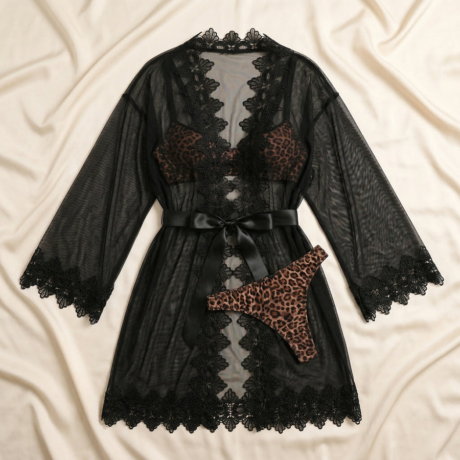 Black Lace Kimono Robe with Sheer Elegance-Kimono Robe-Bellascena-bellascena