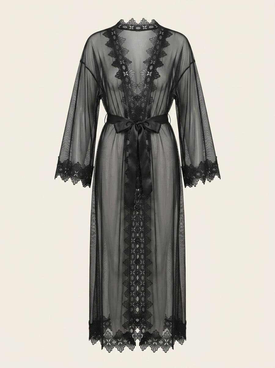 Black Lace Kimono Robe with Sheer Elegance-Kimono Robe-Bellascena-Black-XS/S-bellascena