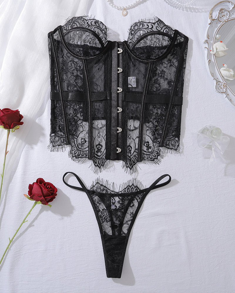 Black Lace Lingerie Set with Fishbone Detail-Corset-Bellascena-bellascena