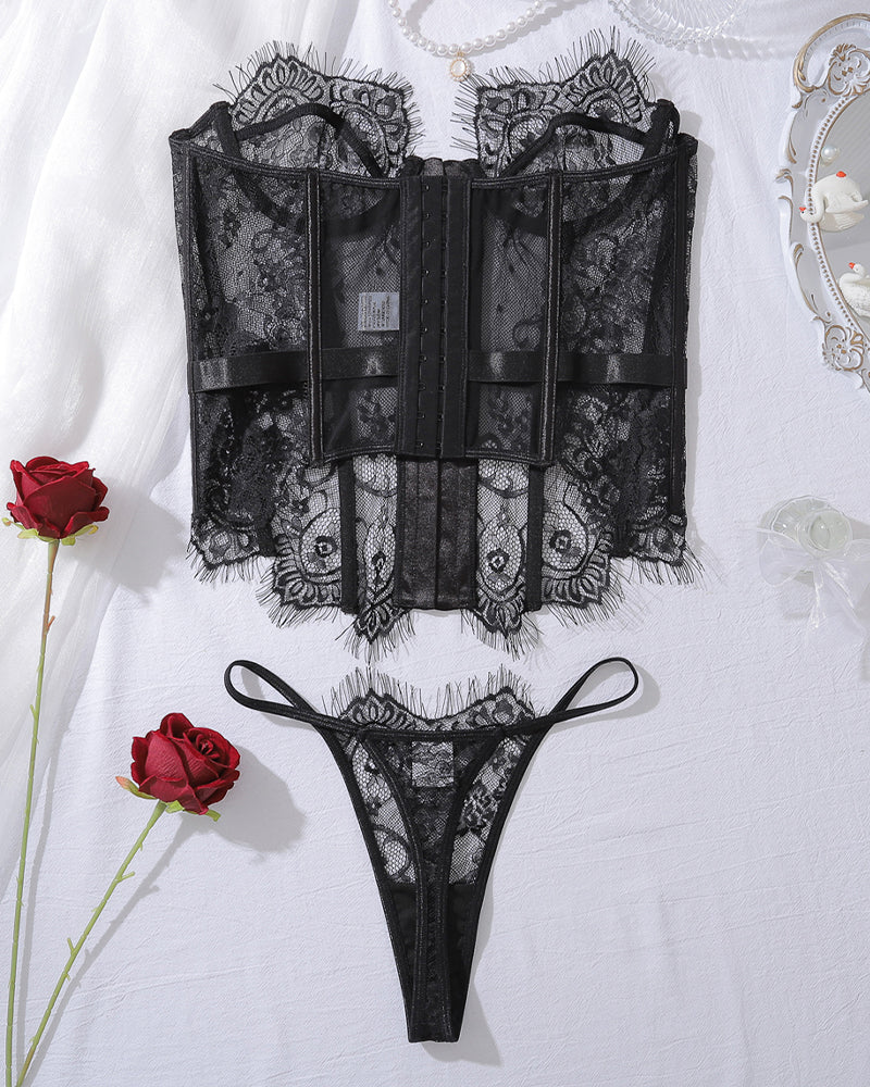 Black Lace Lingerie Set with Fishbone Detail-Corset-Bellascena-bellascena