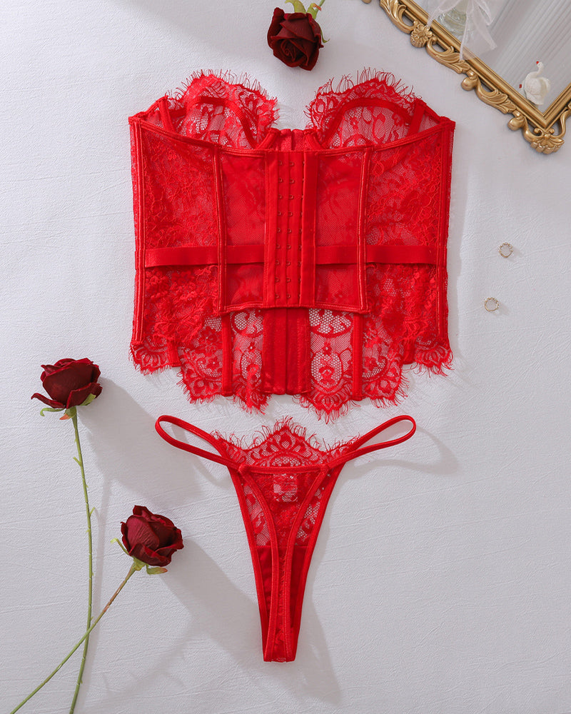 Black Lace Lingerie Set with Fishbone Detail-Corset-Bellascena-bellascena