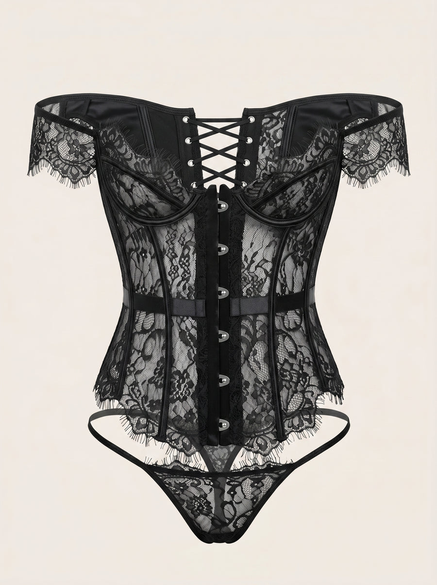 Black Lace Lingerie Set with Fishbone Detail-Corset-Bellascena-Black-S-bellascena