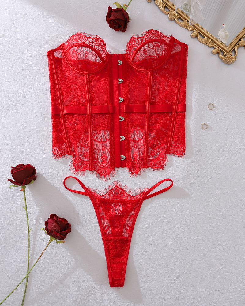 Black Lace Lingerie Set with Fishbone Detail-Corset-Bellascena-Red-S-bellascena