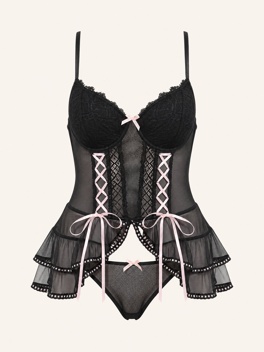 Black Lace Lingerie Set with Lace-Up Bow Detail-Corset-Bellascena-Black-XL-bellascena