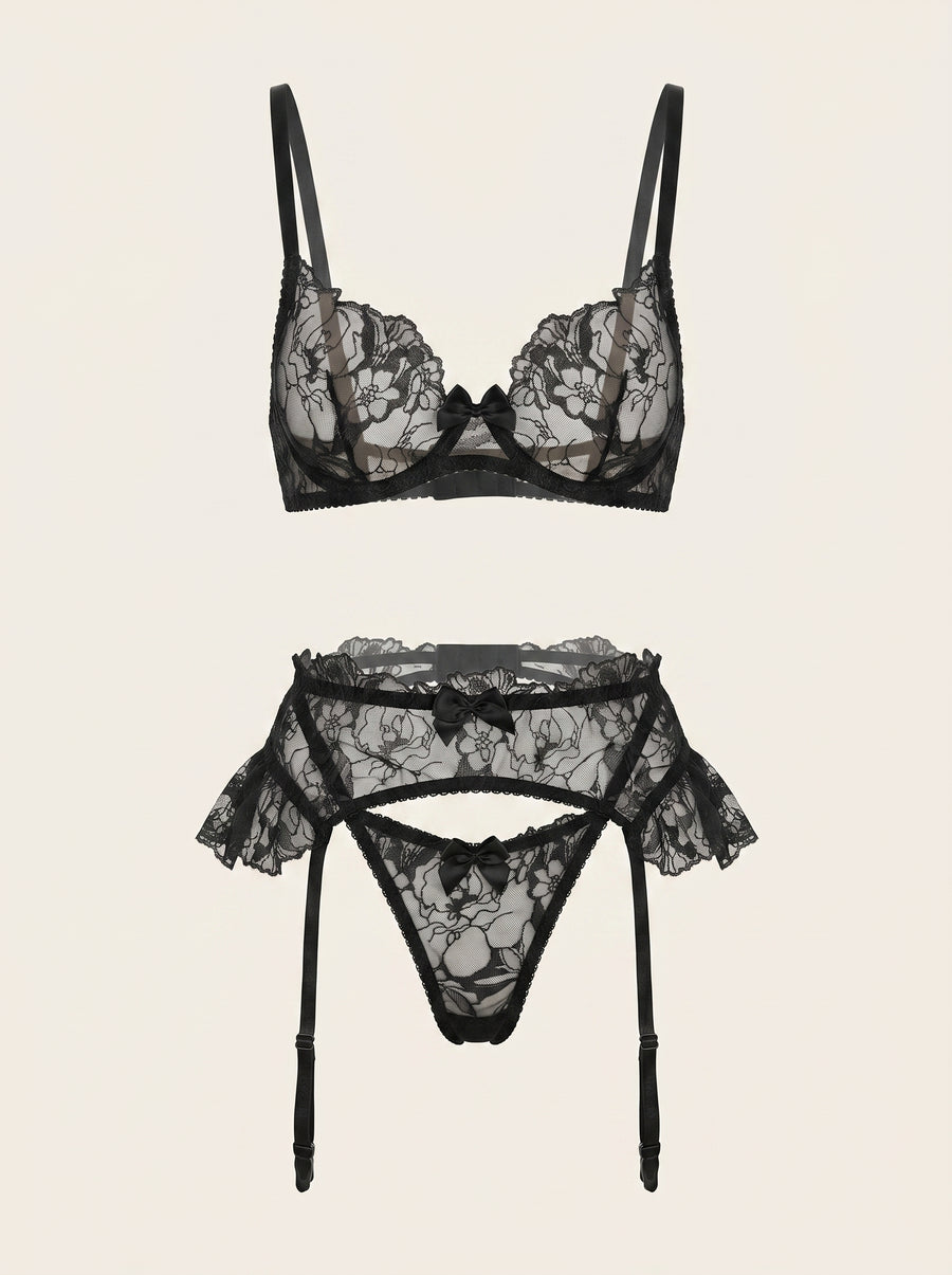 Black Lace Lingerie Set with Ruffle Detail-Lingerie Set-Bellascena-S-S-Black-bellascena