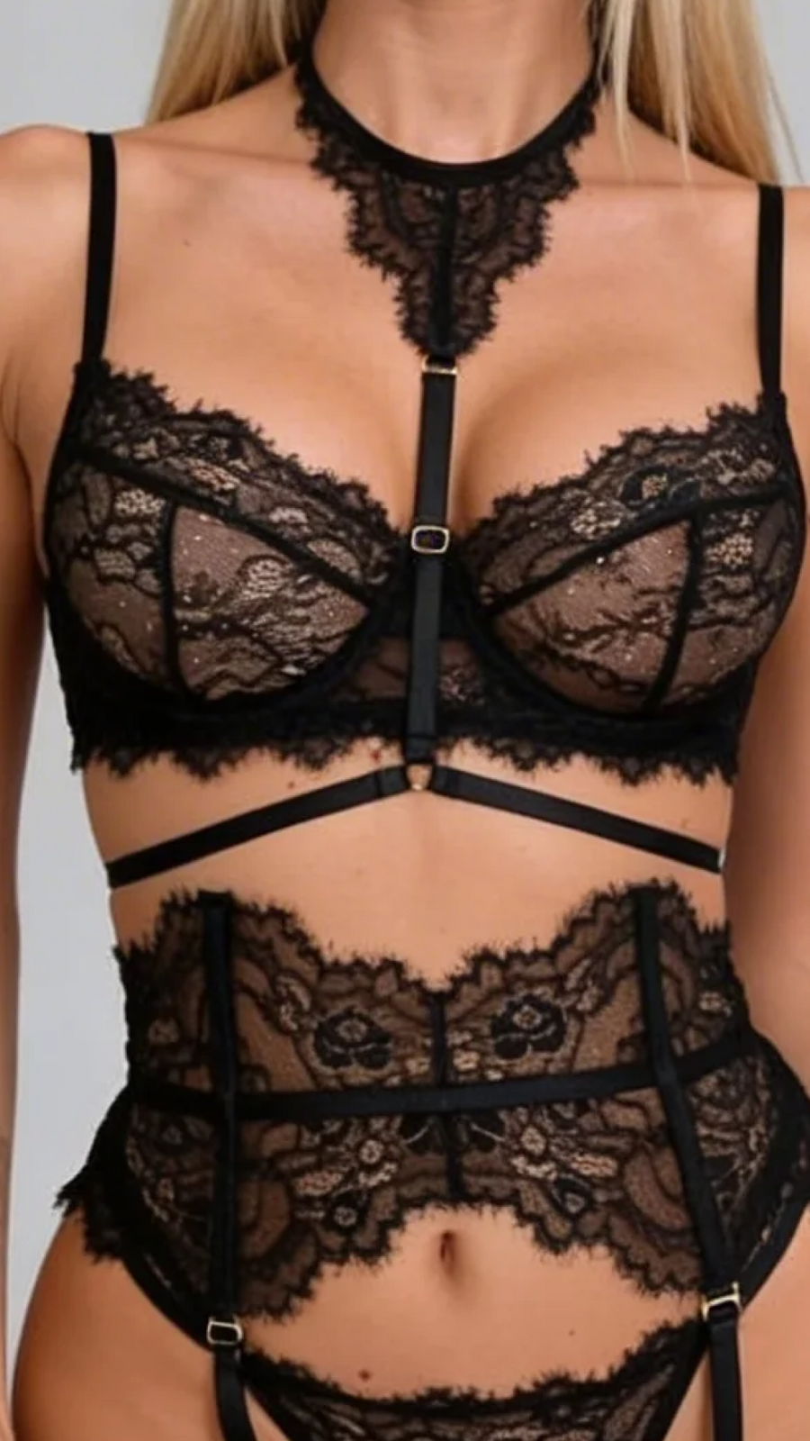 Black Lace Lingerie Set with Strappy Design-Lingerie Set-Bellascena-bellascena
