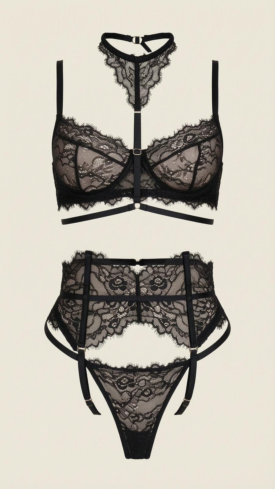 Black Lace Lingerie Set with Strappy Design-Lingerie Set-Bellascena-Black-S-S-bellascena