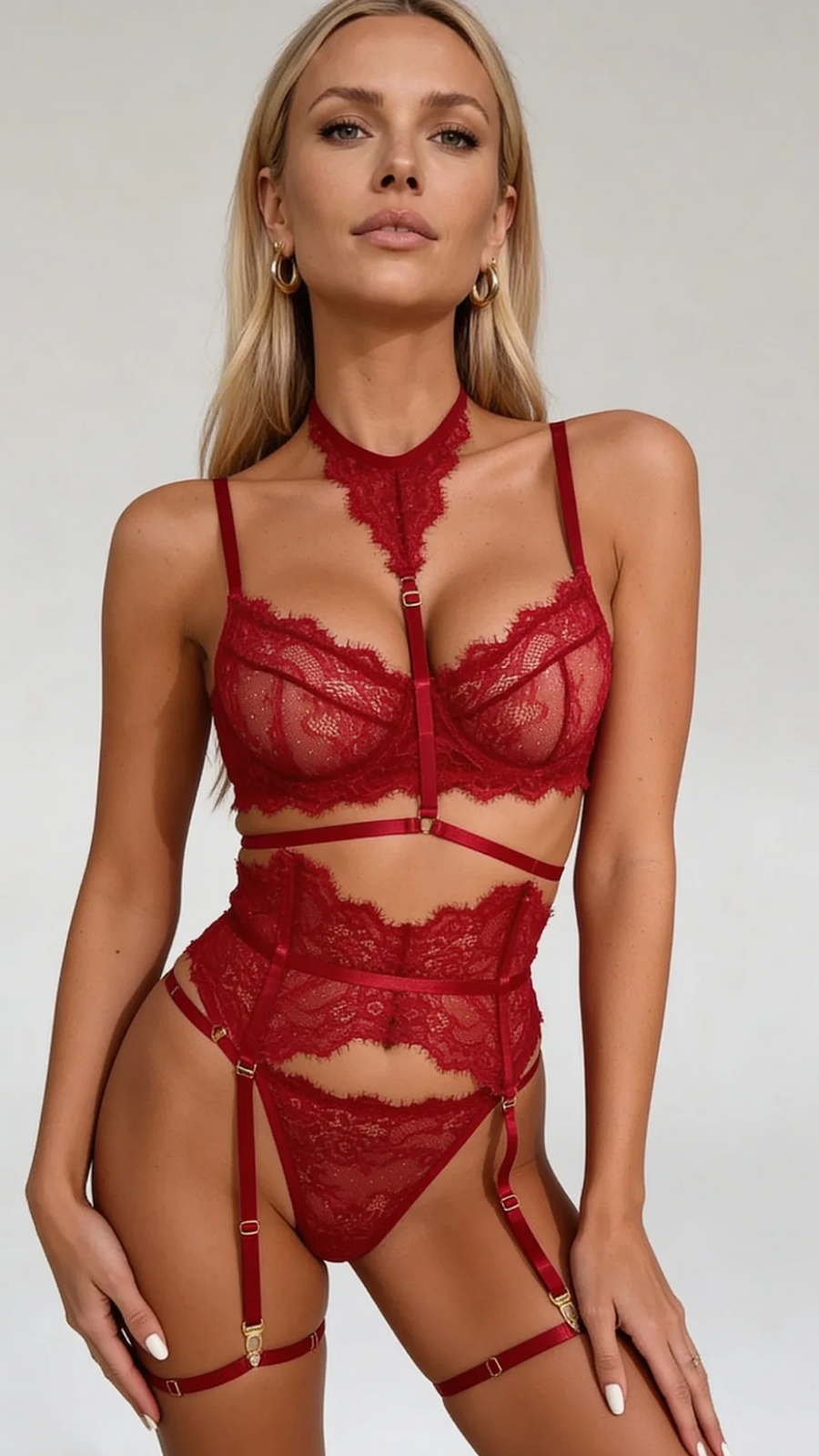 Black Lace Lingerie Set with Strappy Design-Lingerie Set-Bellascena-Red-S-S-bellascena