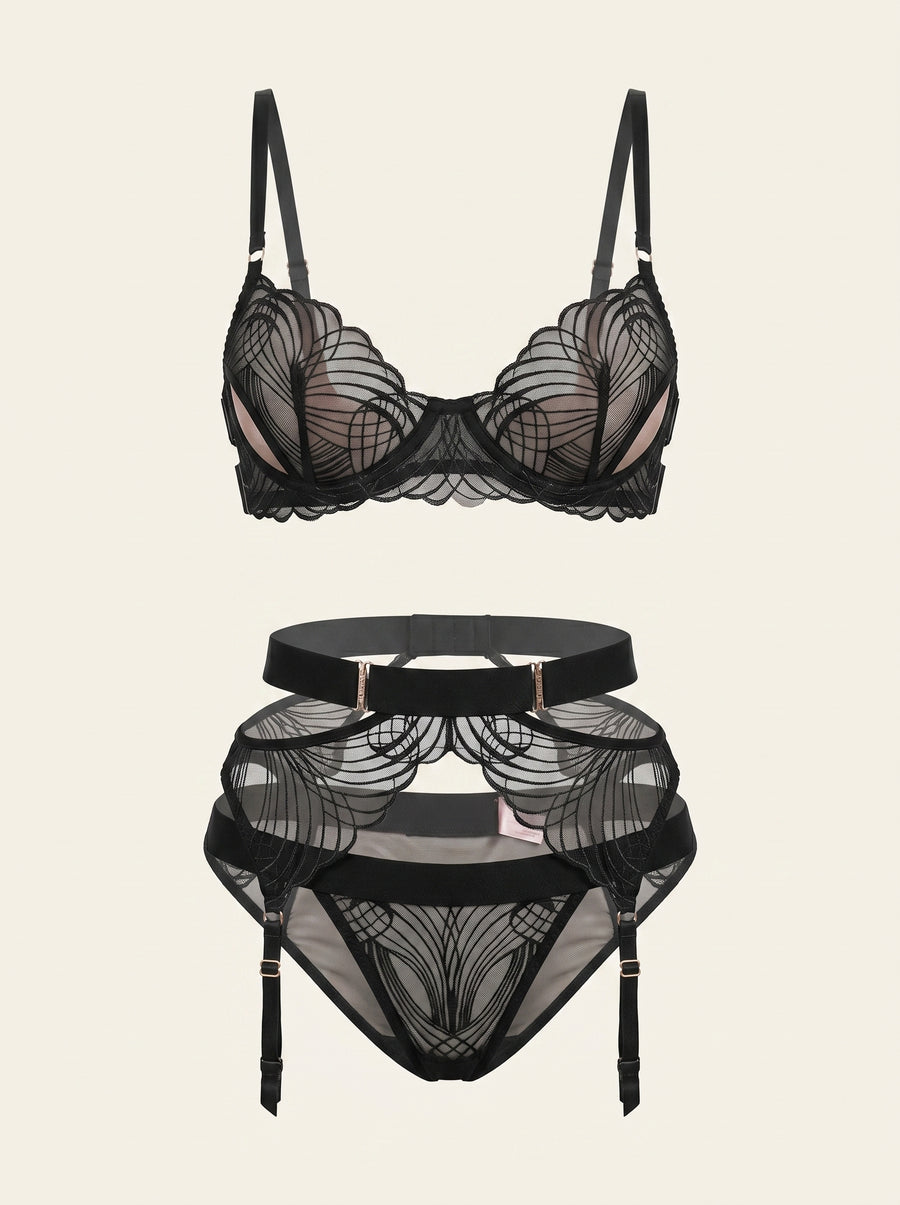 Black Lace Lingerie Set with Strappy Detail-Lingerie Set-Bellascena-S-S-Black-bellascena
