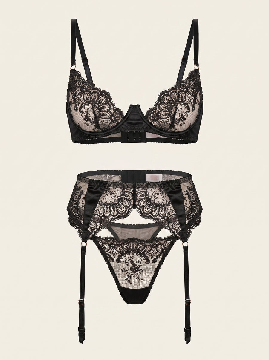 Black Lace Lingerie Set with Strappy Details-Lingerie Set-Bellascena-S-S-Black-bellascena