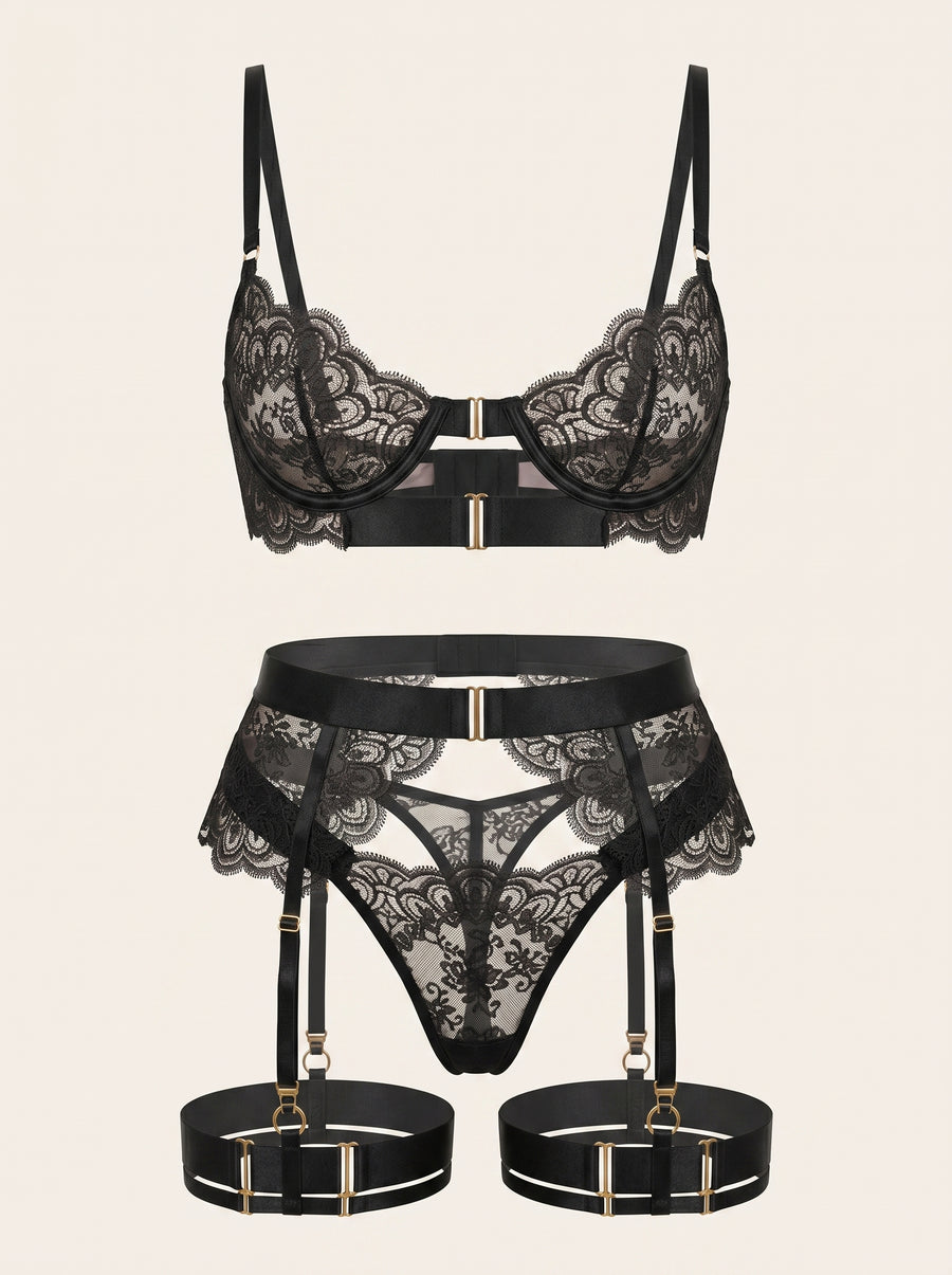 Black Lace Lingerie Set with Strappy Details-Lingerie Set-Bellascena-XS-XS-Black-bellascena