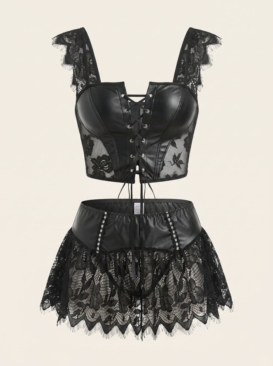 Black Lace Lingerie Set with Strappy Lace-up Detail-Lingerie Set-Bellascena-Black-S-bellascena