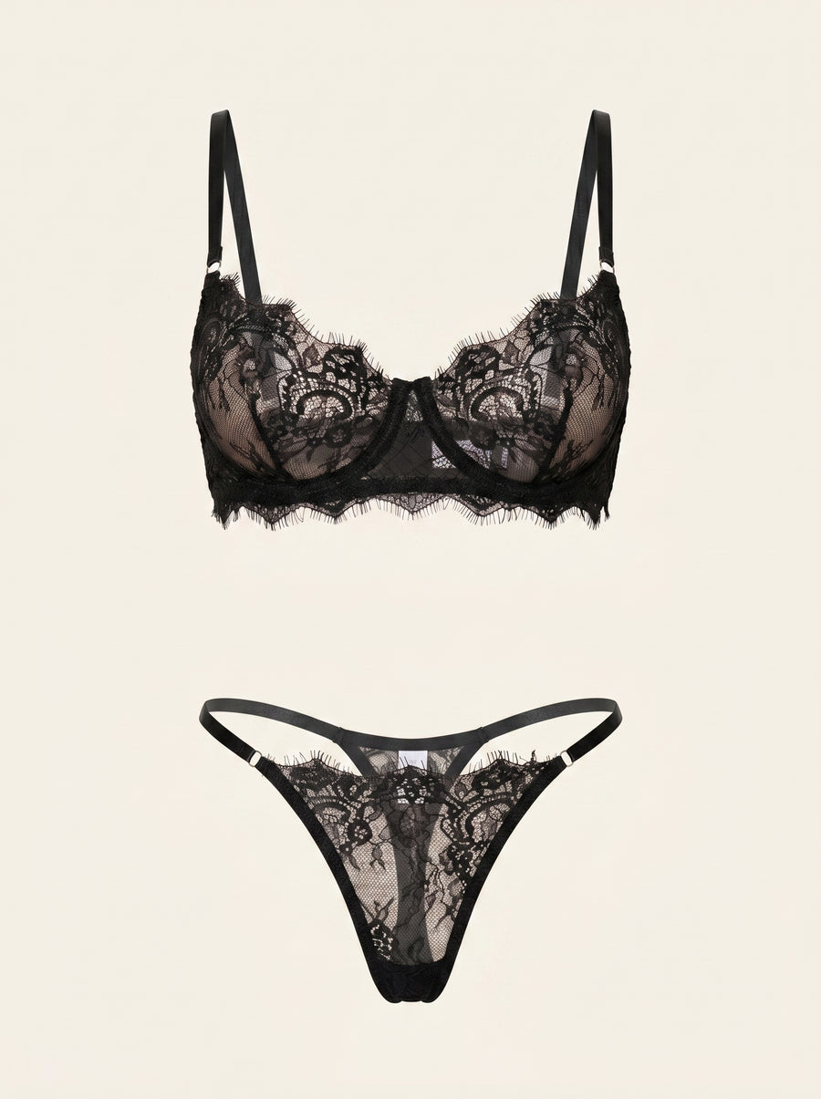 Black Lace Lingerie Set with Strappy Sheer Design-Lingerie Set-Bellascena-Black-S-S-bellascena