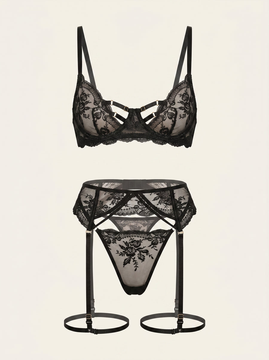 Black Lace Lingerie Set with Strappy Sheer Design-Lingerie Set-Bellascena-S-S-Black-bellascena