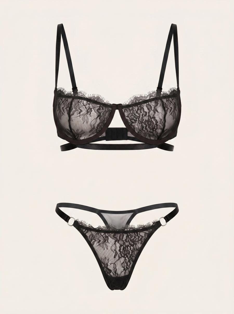 Black Lace Lingerie Set with Strappy Sheer Detail-Lingerie Set-Bellascena-Black-S-bellascena