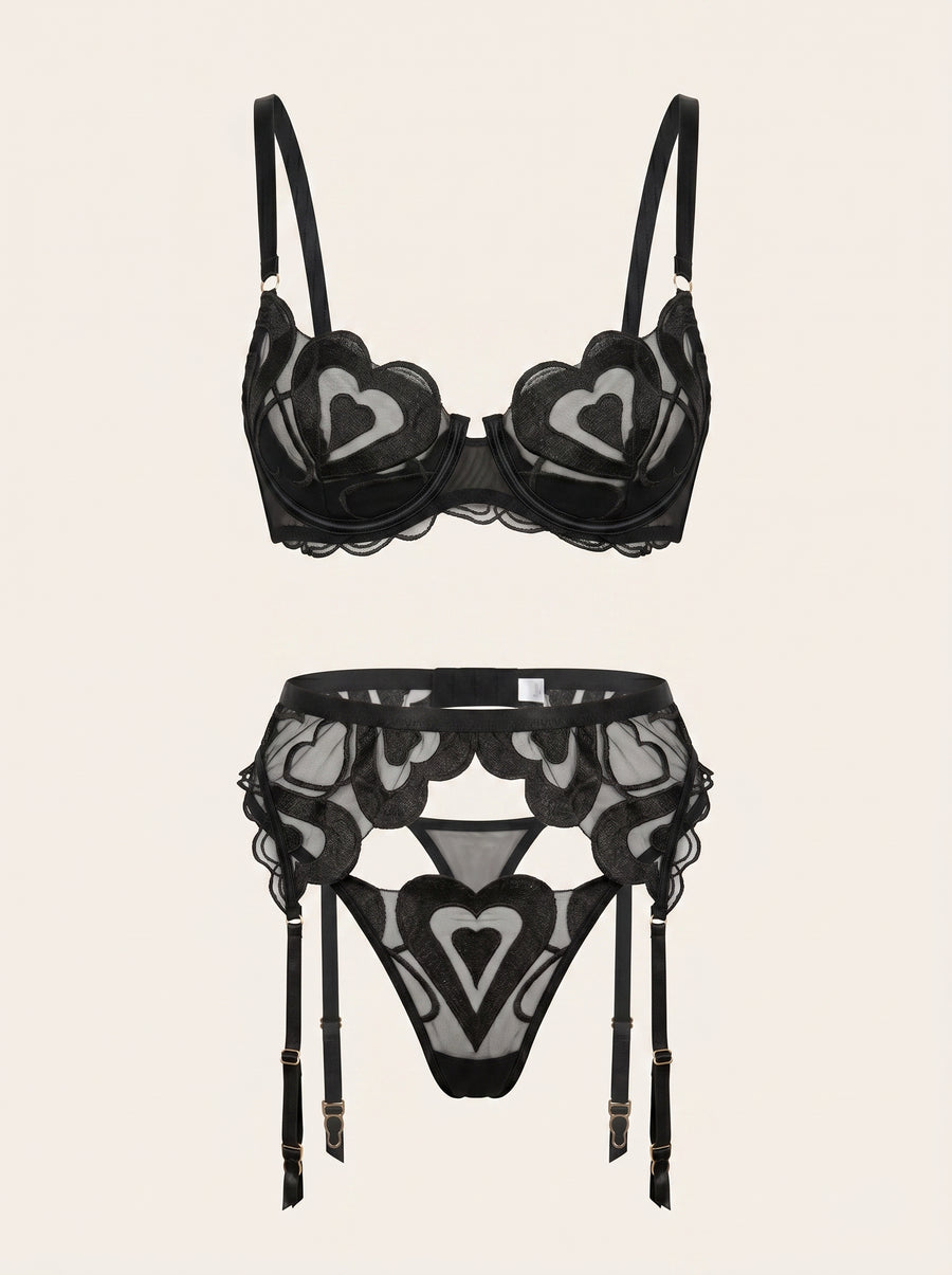 Black Lace Lingerie Set with Strappy Sheer Detail-Lingerie Set-Bellascena-S-S-Black-bellascena