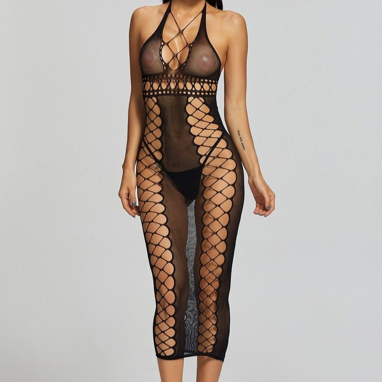 Black Lace Mesh Bodysuit with Strappy Cutouts-Bodysuit-Bellascena-bellascena