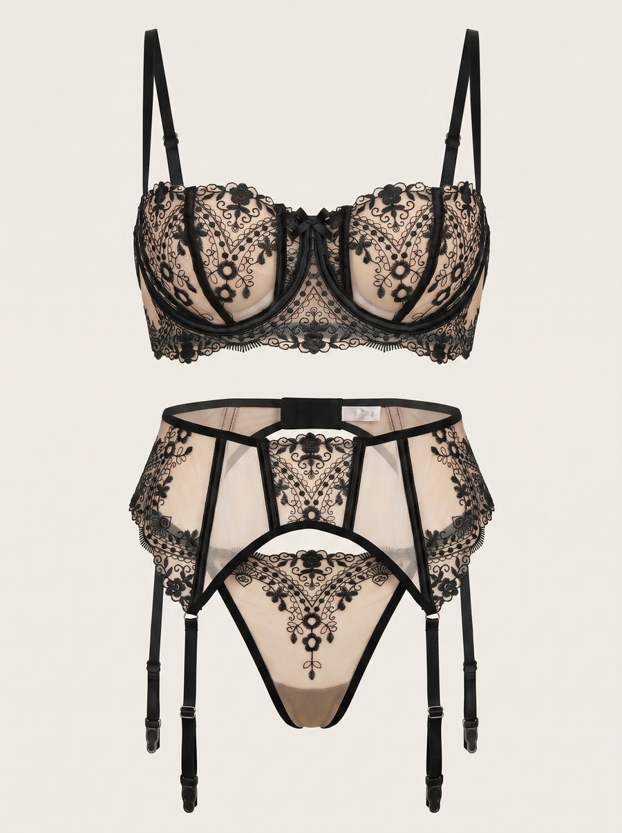 Black Lace Mesh Lingerie Set with Floral Details-Lingerie Set-Bellascena-S-S-Black-bellascena
