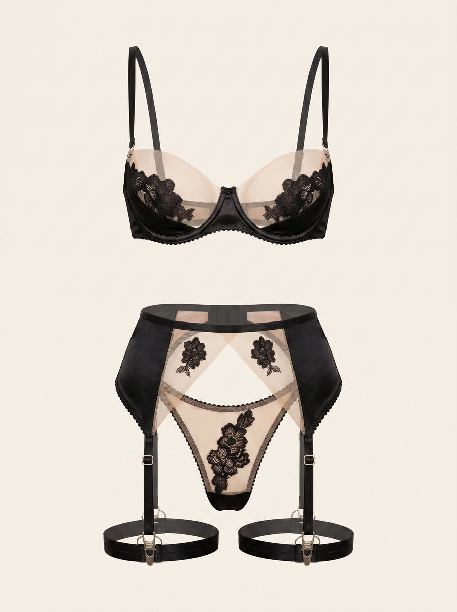 Black Lace Mesh Lingerie Set with Floral Details-Lingerie Set-Bellascena-S-S-Black-bellascena