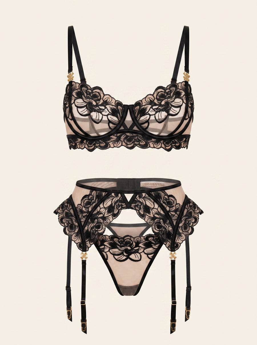Black Lace Mesh Lingerie Set with Strappy Design-Lingerie Set-Bellascena-S-S-Black-bellascena