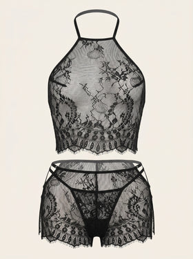 Black Lace Pajama Set with Sheer Scalloped Edges-Pajama Set-Bellascena-S-Black-bellascena