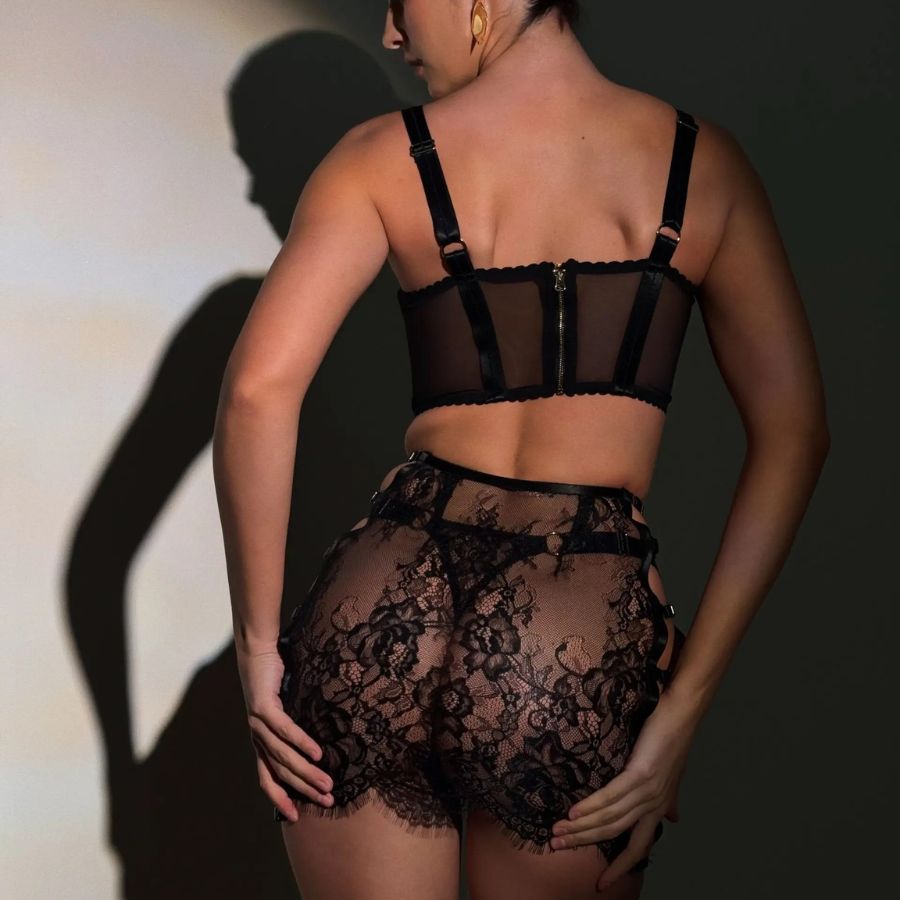 Black Lace Strappy Bodysuit with Sheer Design-Bodysuit-Bellascena-bellascena