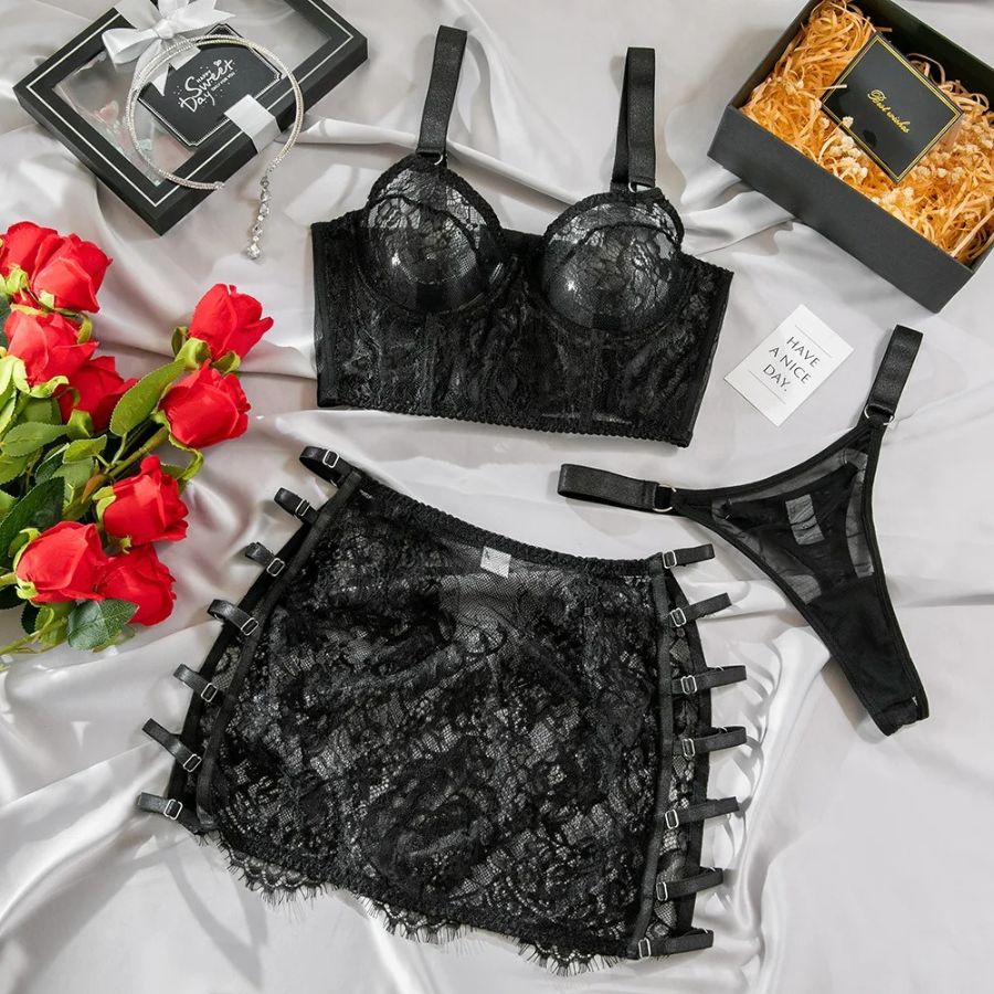 Black Lace Strappy Bodysuit with Sheer Design-Bodysuit-Bellascena-bellascena