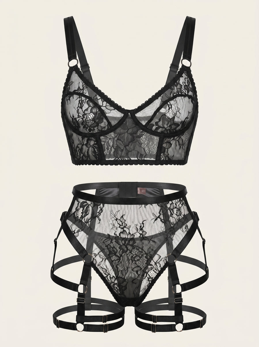 Black Lace Strappy Bodysuit with Sheer Design-Bodysuit-Bellascena-S-Black-bellascena