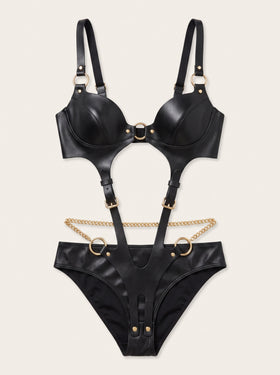 Black Leather Bodysuit with Ring and Chain Detail-Bodysuit-Bellascena-bellascena
