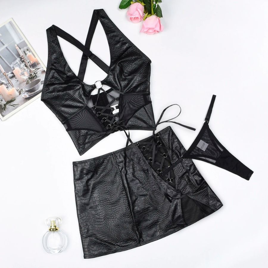 Black Leather Bodysuit with Strappy Cutouts and Rings-Bodysuit-Bellascena-bellascena