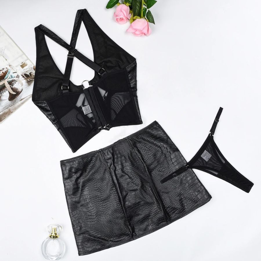 Black Leather Bodysuit with Strappy Cutouts and Rings-Bodysuit-Bellascena-bellascena