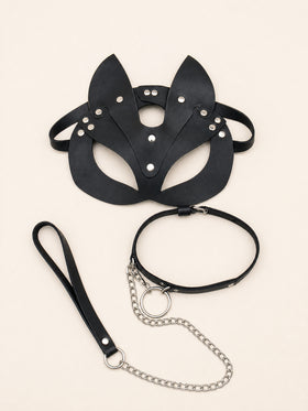 Black Leather Strappy Mask and Choker Lingerie Set with Ears and Chain Detail-Lingerie Set-Bellascena-bellascena