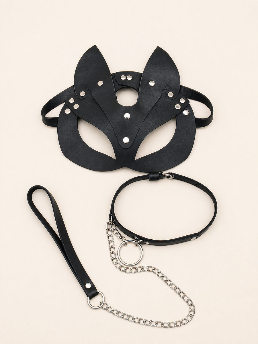 Black Leather Strappy Mask and Choker Lingerie Set with Ears and Chain Detail-Lingerie Set-Bellascena-bellascena