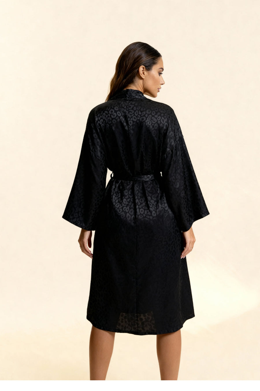 Black Leopard Print Satin Kimono Robe with Belted Design-Kimono Robe-Bellascena-bellascena