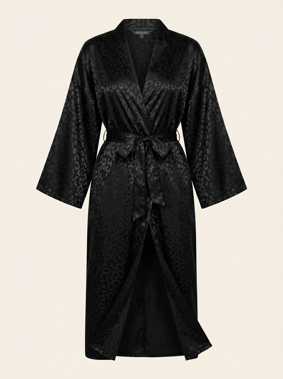Black Leopard Print Satin Kimono Robe with Belted Design-Kimono Robe-Bellascena-S-Black-bellascena