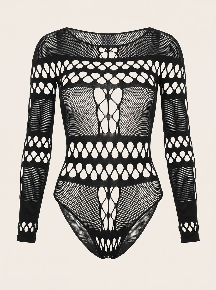 Black Mesh Bodysuit with Alluring Cutouts-Bodysuit-Bellascena-Black-bellascena