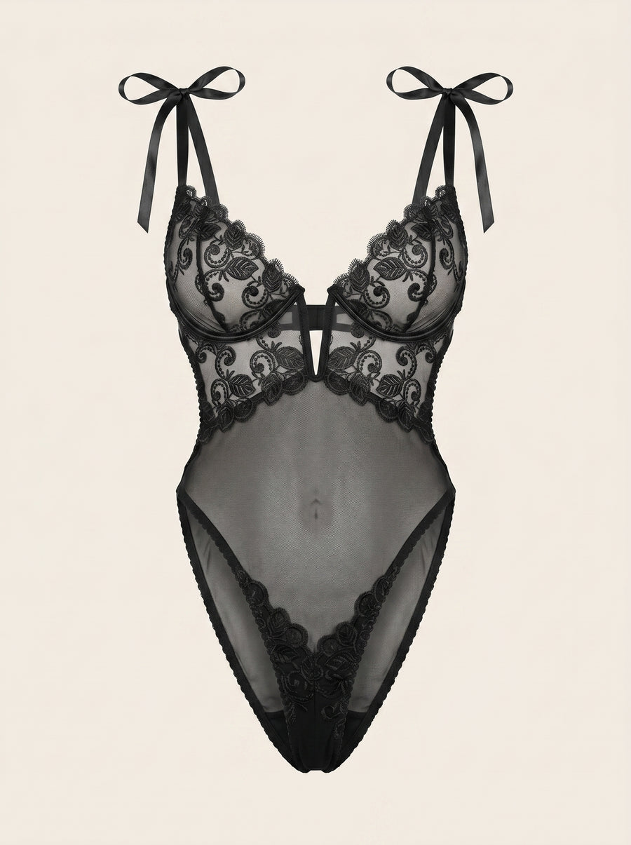 Black Mesh Bodysuit with Lace Detail-Bodysuit-Bellascena-S-Black-bellascena