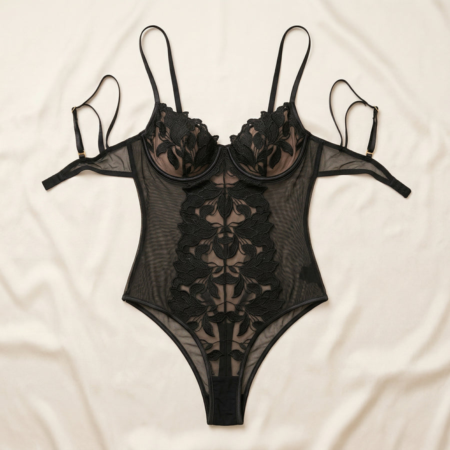 Black Mesh Bodysuit with Lace Detail and Straps-Bodysuit-Bellascena-bellascena