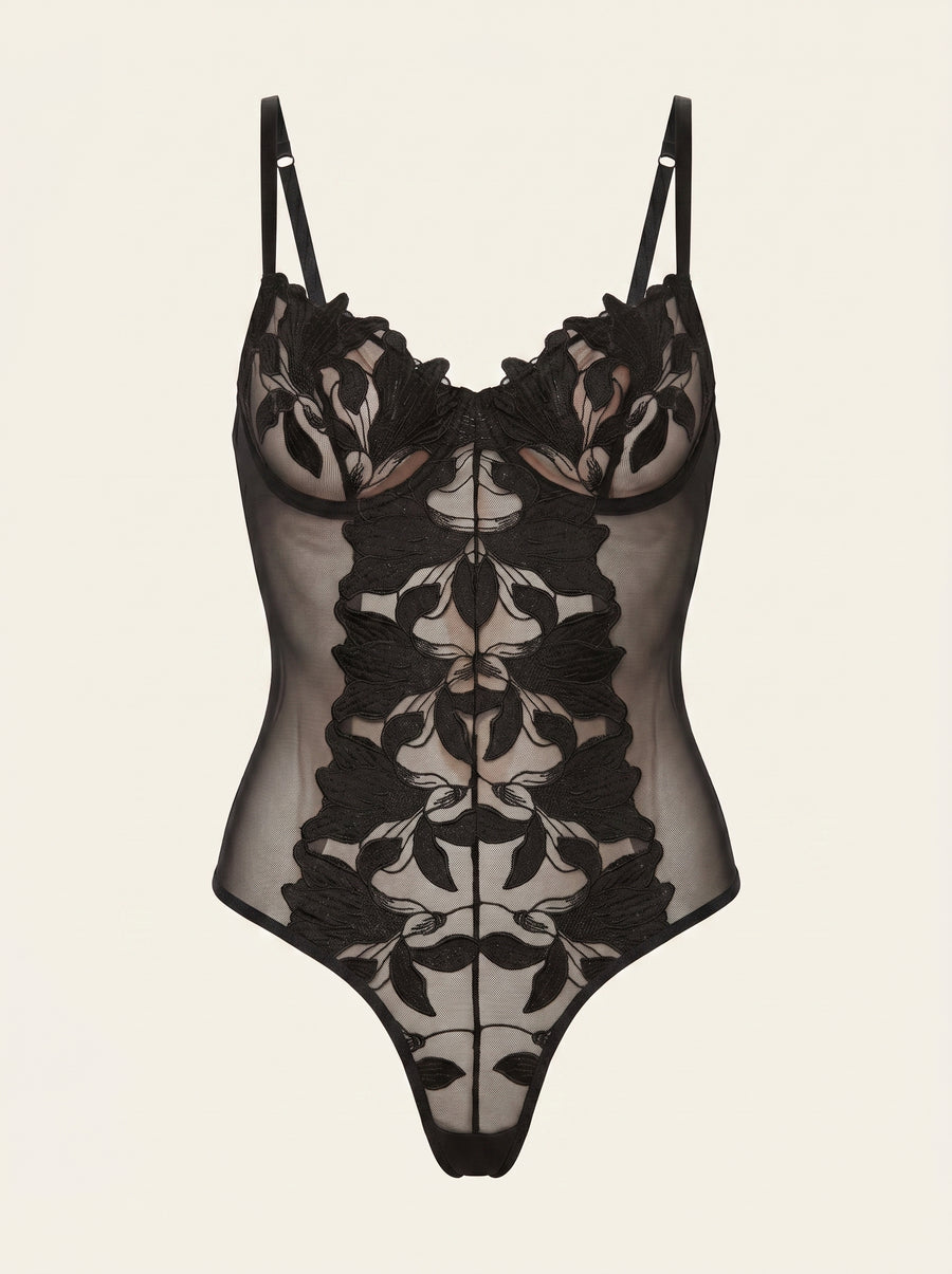 Black Mesh Bodysuit with Lace Detail and Straps-Bodysuit-Bellascena-S-Black-bellascena