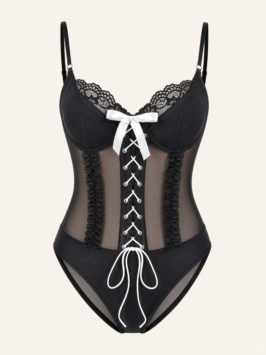 Black Mesh Bodysuit with Lace-Up Bow Detail-Bodysuit-Bellascena-Black-S-bellascena