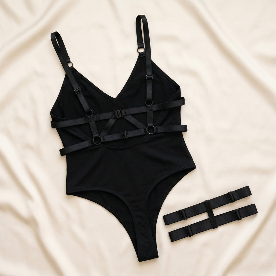 Black Mesh Bodysuit with Strappy Cutout Design-Bodysuit-Bellascena-bellascena
