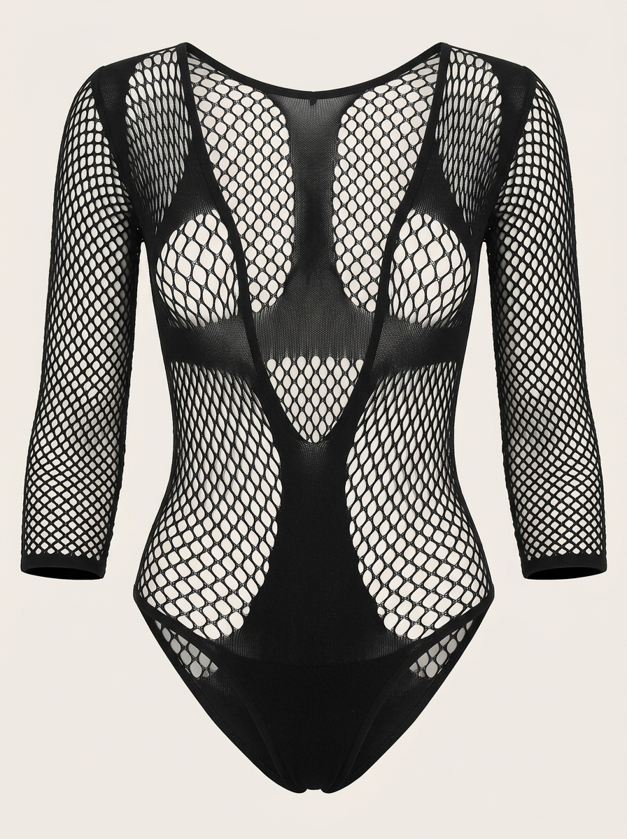 Black Mesh Bodysuit with Strappy Cutout Design-Bodysuit-Bellascena-Black-bellascena