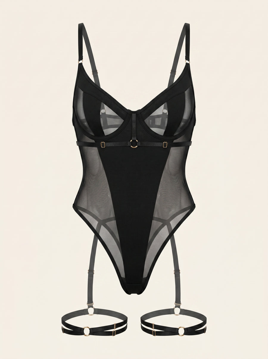 Black Mesh Bodysuit with Strappy Cutout Design-Bodysuit-Bellascena-S-Black-bellascena