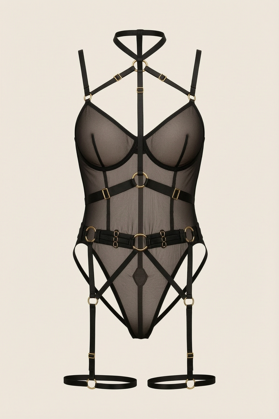 Black Mesh Bodysuit with Strappy Cutout Details-Bodysuit-Bellascena-S-Black-bellascena