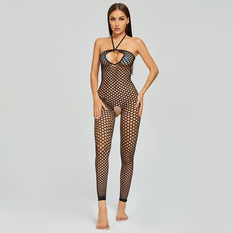 Black Mesh Bodysuit with Strappy Cutouts-Bodysuit-Bellascena-bellascena