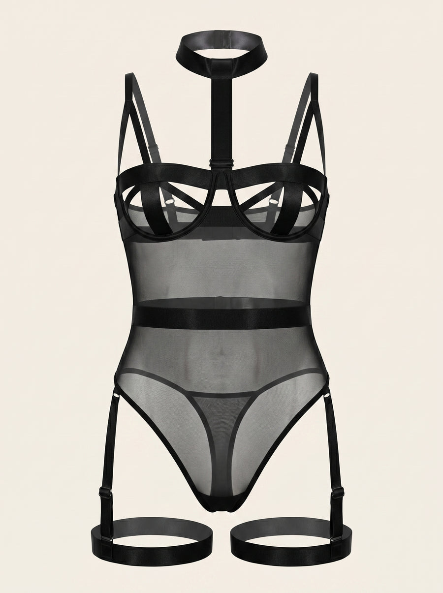 Black Mesh Bodysuit with Strappy Cutouts-Bodysuit-Bellascena-S-Black-bellascena