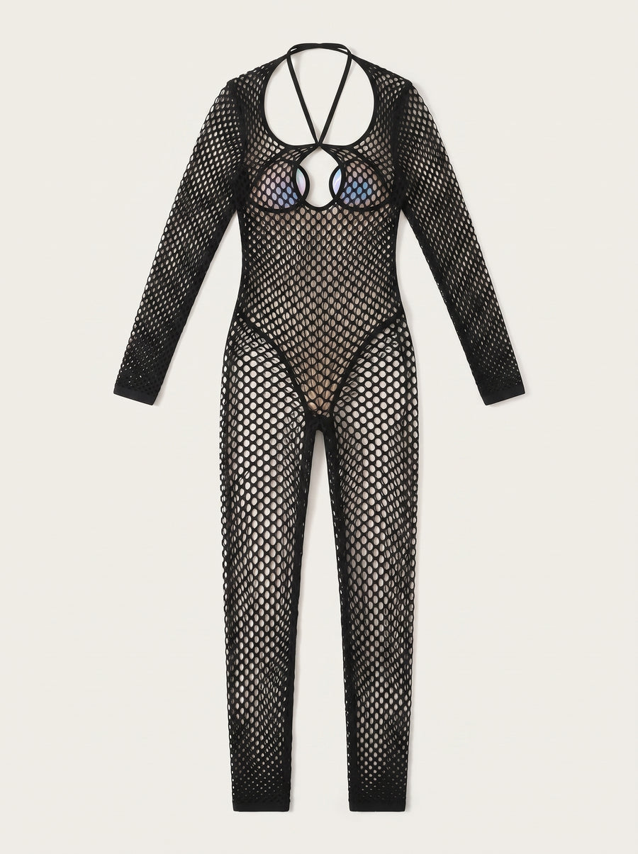 Black Mesh Bodysuit with Strappy Cutouts-Bodysuit-Bellascena-bellascena