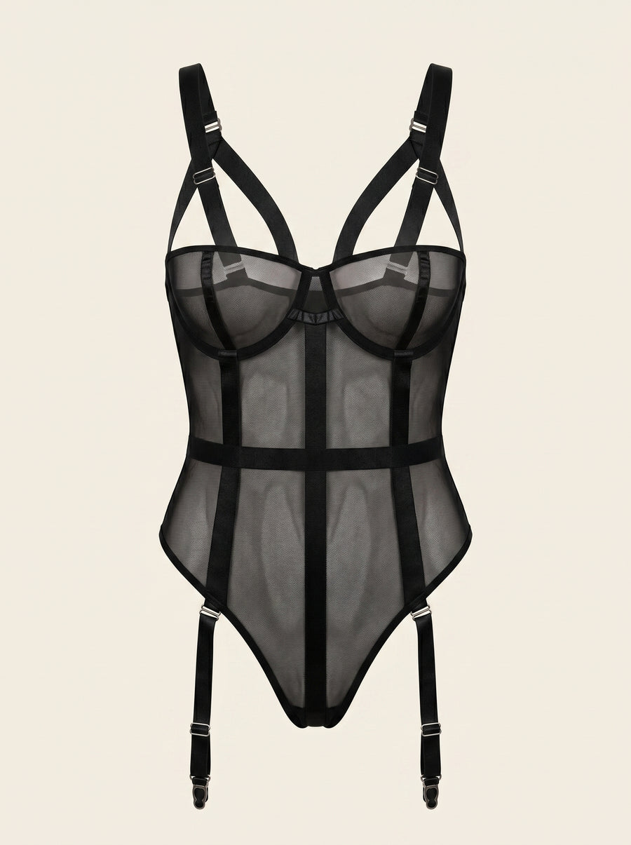 Black Mesh Bodysuit with Strappy Design-Bodysuit-Bellascena-S-Black-bellascena