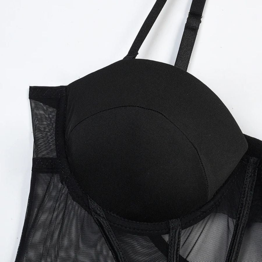Black Mesh Bodysuit with Strappy Detail-Bodysuit-Bellascena-bellascena