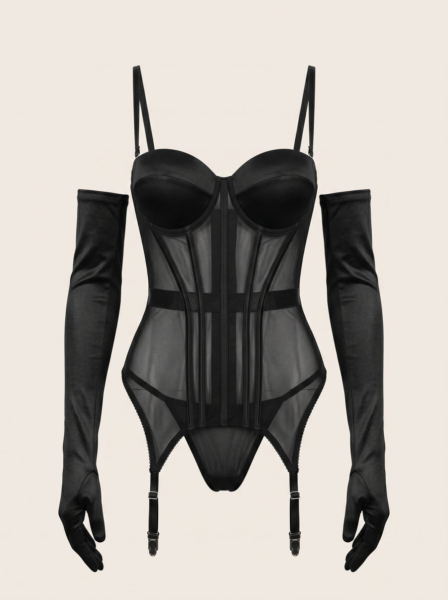 Black Mesh Bodysuit with Strappy Detail-Bodysuit-Bellascena-S-Black-bellascena